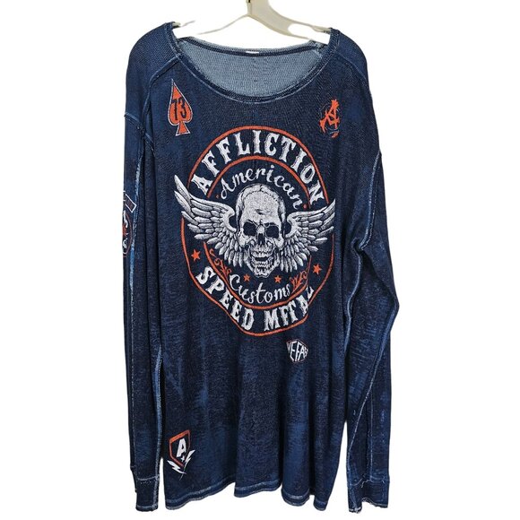 Affliction Mens Y2K Reversible Thermal Shirt Sz XXXL Waffle Knit Skull Bikercore - Picture 1 of 12